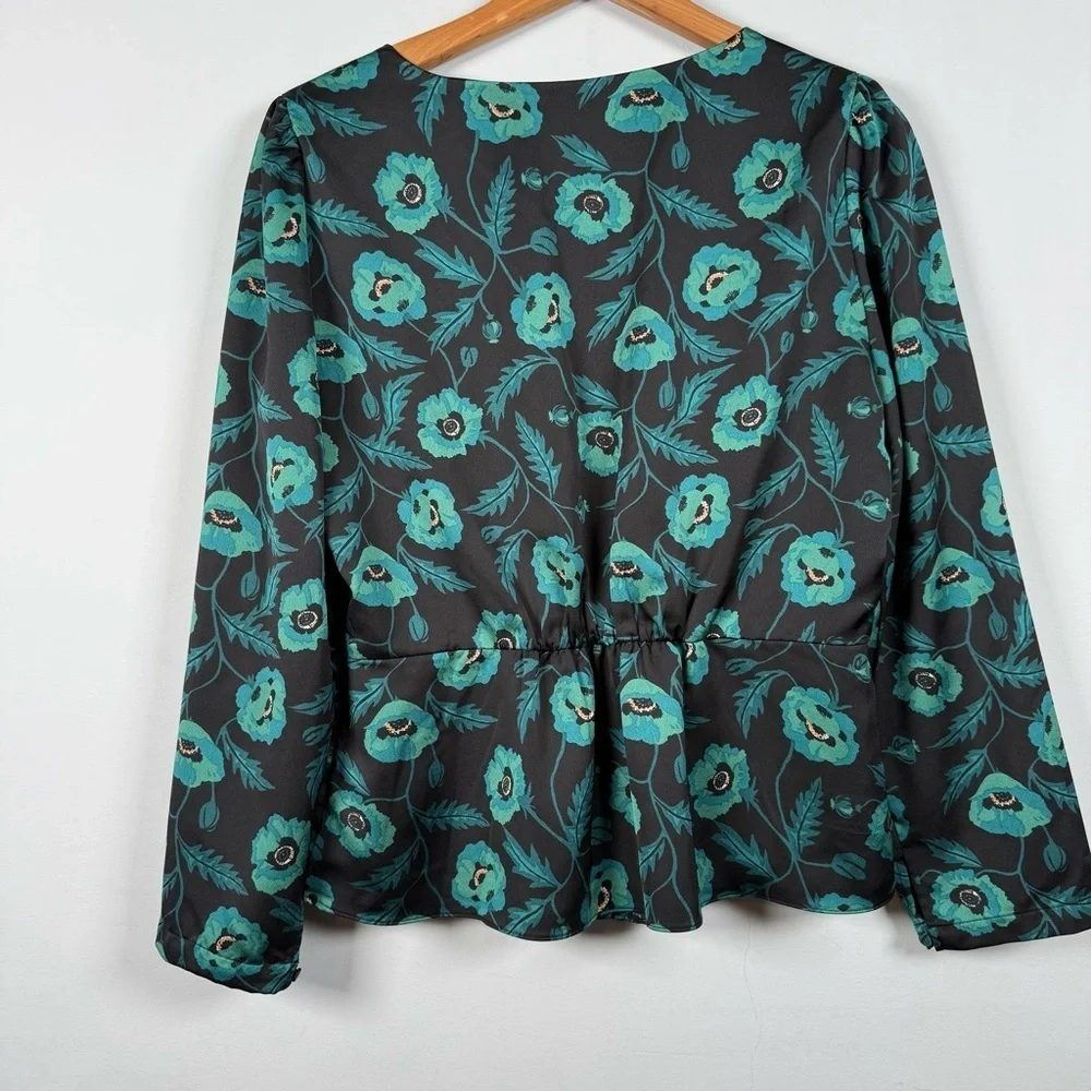 J. Crew Satin Crepe Poppy Print Peplum Blouse V Neck Size 10